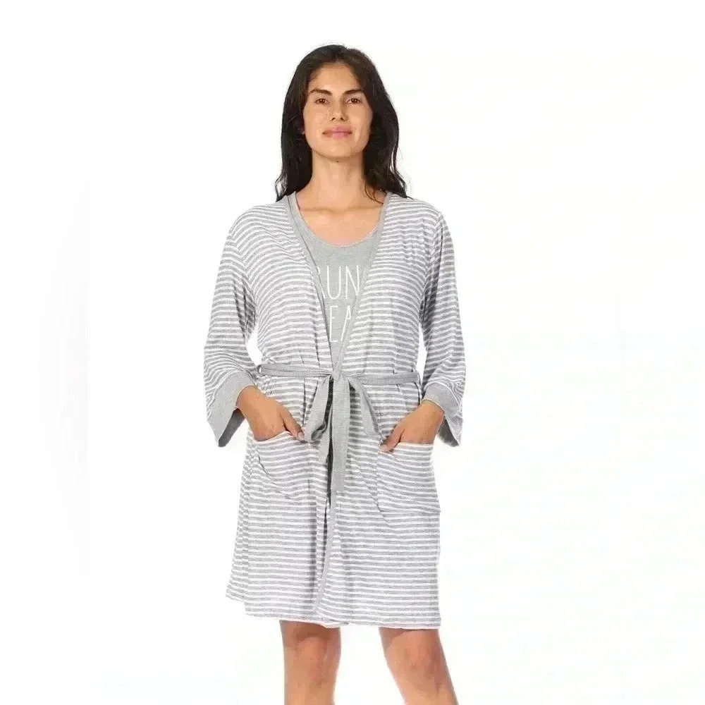 RAE DUNN Knee-length Striped Wrap Robe - size Large